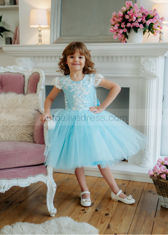 Ivory Lace Mint Blue Tulle Flower Girl Dress